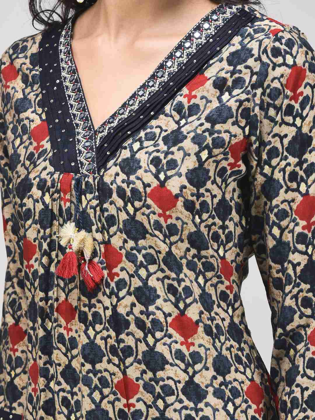 Women's Dark Blue Modal Fabric Printed Kurta Set