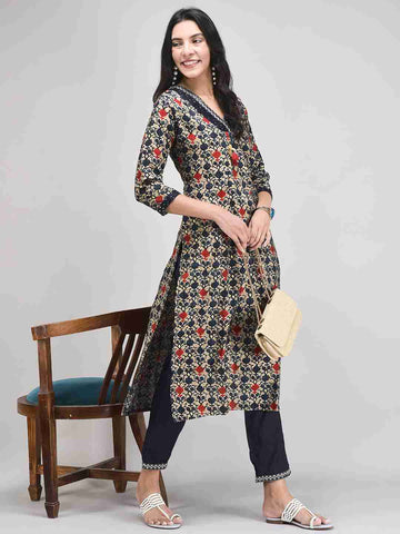Women's Dark Blue Modal Fabric Printed Kurta Set