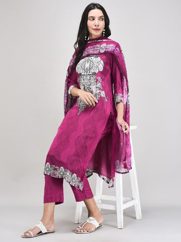 Women's Pink Crepe Fabric Ethnic Suit Set | Printed Straight Kurta with Pants & Dupatta