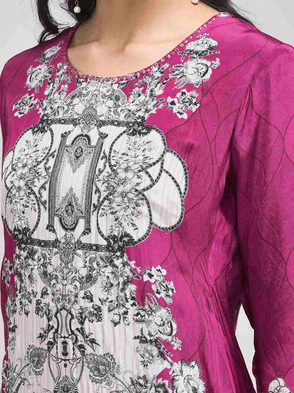 Women's Pink Crepe Fabric Ethnic Suit Set | Printed Straight Kurta with Pants & Dupatta