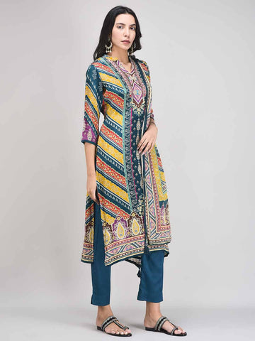 Women's Green Crape Fabric Ethnic Suit Set | Printed Flared Kurta with Pants & Dupatta