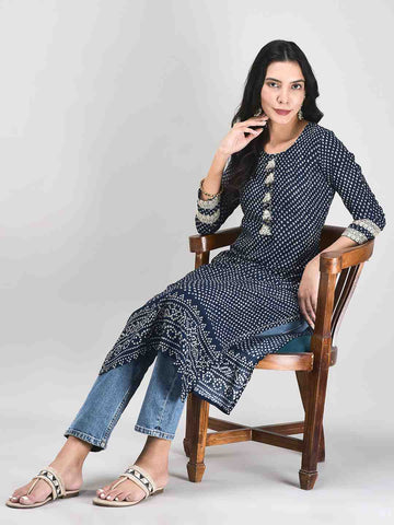 Women's Blue Muslin Printed Kurta I Ethnic Straight Kurta