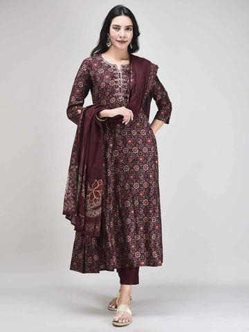 Women's Modal Fabric Ethnic Suit Set | Printed Flared Kurta with Pants & Dupatta