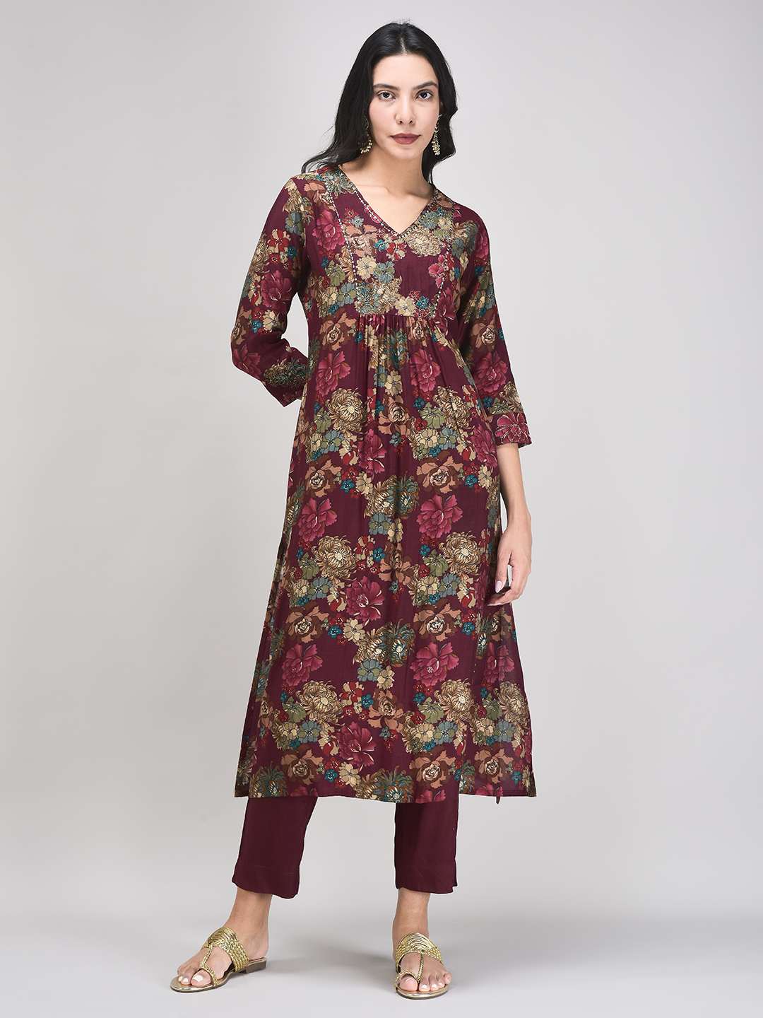 Women's Maroon Muslin Fabric Kurta Set | Floral Printed A-line Kurta with Pants