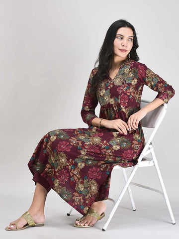 Women's Maroon Muslin Fabric Kurta Set | Floral Printed A-line Kurta with Pants