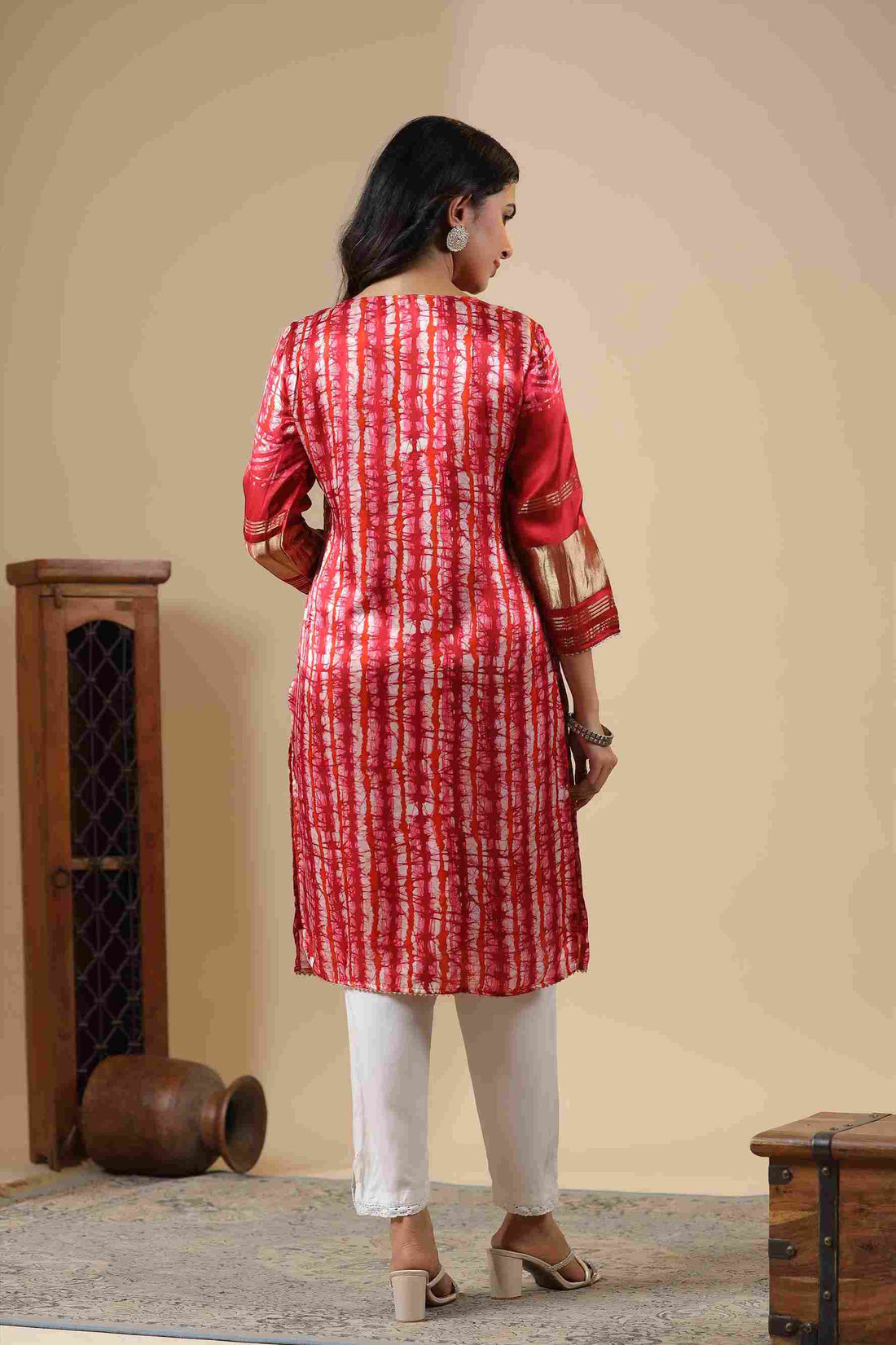 Women's Gaji Silk Red Printed Kurta I Ethnic Straight Kurta