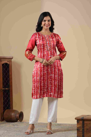 Women's Gaji Silk Red Printed Kurta I Ethnic Straight Kurta