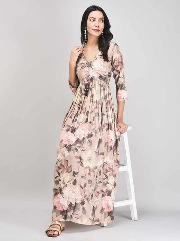 Women's Pale Blush Muslin Fabric Ethnic Flared Long Dress