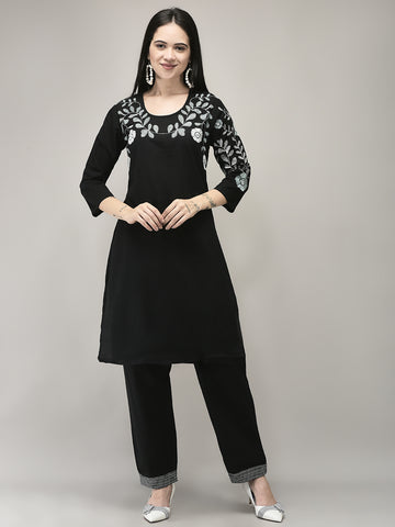 Women's Black Cotton Fabric Thread Ethnic Embroidery Kurta with Pants