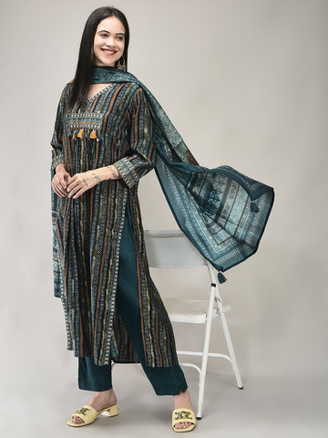 Women's Green Modal Fabric Naira Cut Ethnic Suit Set | Printed Kurta with Pants & Dupatta