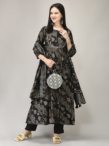 Women's Muslin Fabric Suit Set | Ethnic Floral and Sequin Work Kurta with Pants & Dupatta