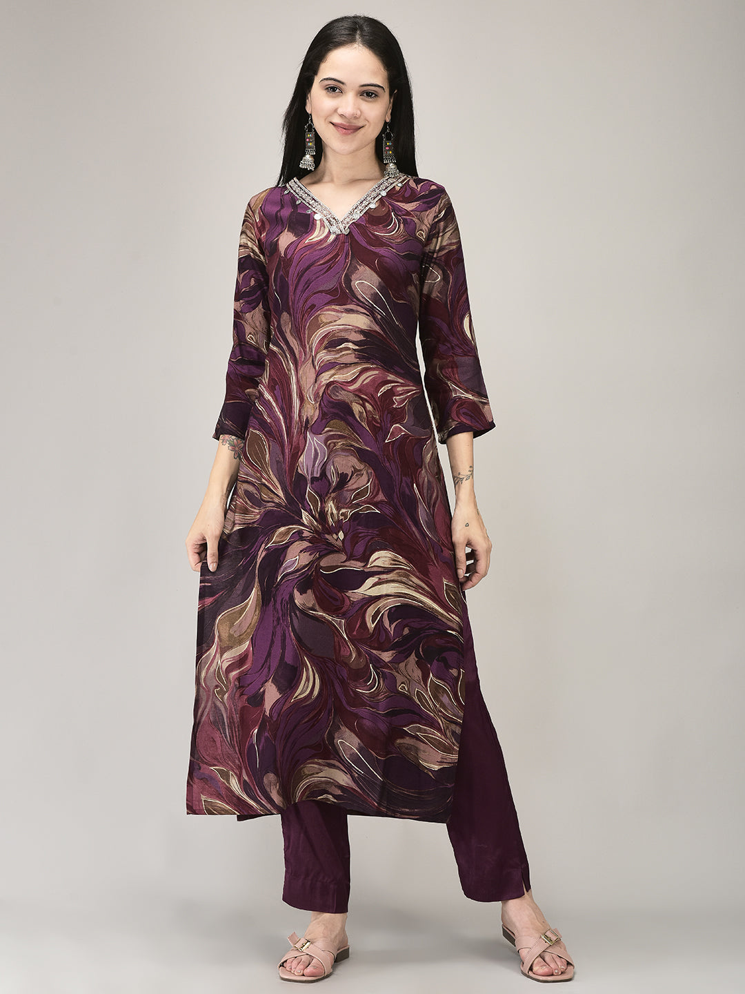 Women's Wine Modal Fabric Printed Kurta With Pants