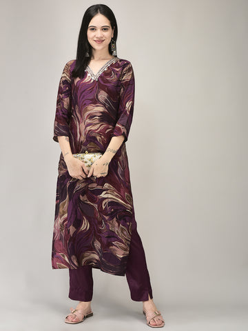 Women's Wine Modal Fabric Printed Kurta With Pants