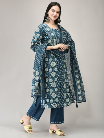 Women's Blue Cotton Fabric Suit Set | Ethnic Floral Round neck Kurta with Pants & Dupatta