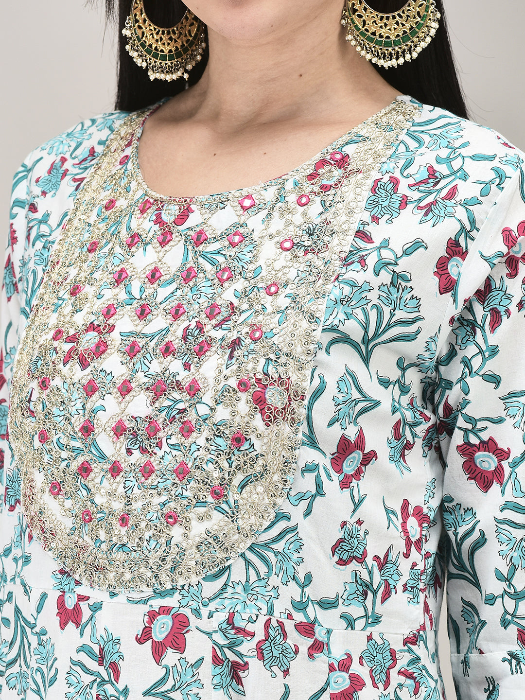 Women's Cotton Fabric Suit Set | Ethnic Printed Flared Kurta with Pants & Dupatta