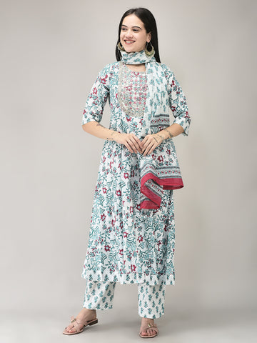 Women's Cotton Fabric Suit Set | Ethnic Printed Flared Kurta with Pants & Dupatta