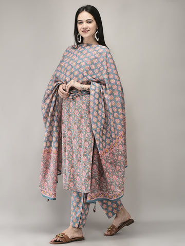 Women's Grey and Pink Cotton Fabric Suit Set | Ethnic Printed Straight Kurta with Pants & Dupatta