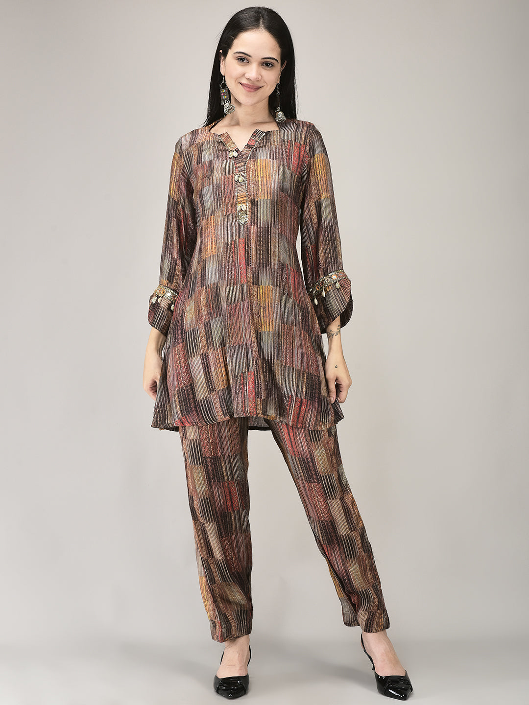 Women's Brown Muslin Fabric Tunic Top Adorned with cowrie Shell and Pants