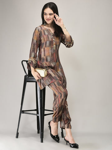 Women's Brown Muslin Fabric Tunic Top Adorned with cowrie Shell and Pants