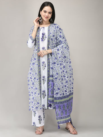 Women's Lavender Cotton Fabric Suit Set | Ethnic Floral Printed Straight Kurta with Pants & Dupatta