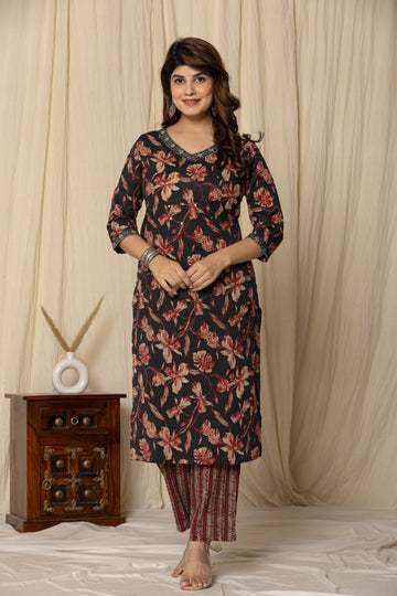 Women's black cotton Fabric Floral Kurta Set