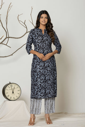 Women's Black Cotton Fabric Printed Kurta Set
