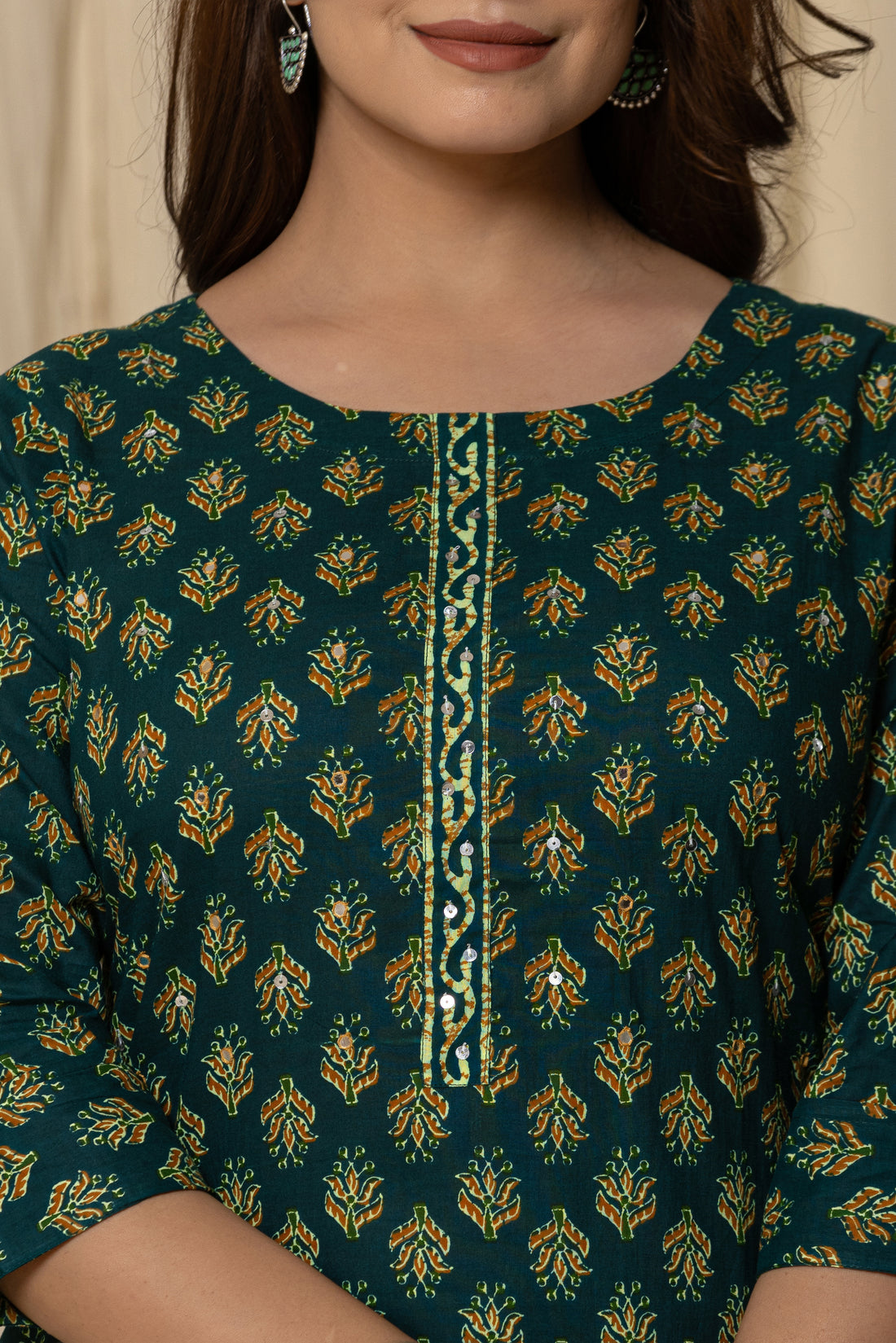 Women's Dark Green Cotton Fabric Printed Kurta Set