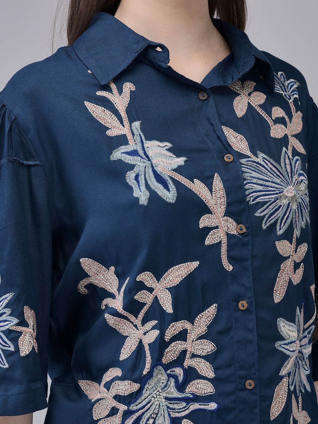 Women's Blue Rayon Twill Fabric Embroidered Shirt With Palazzo