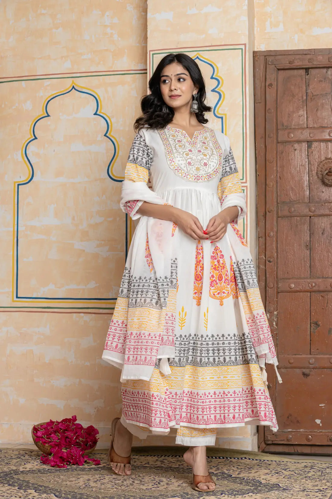Women's Cotton Fabric Ethnic Printed Anarkali Kurta with Pants & Dupatta