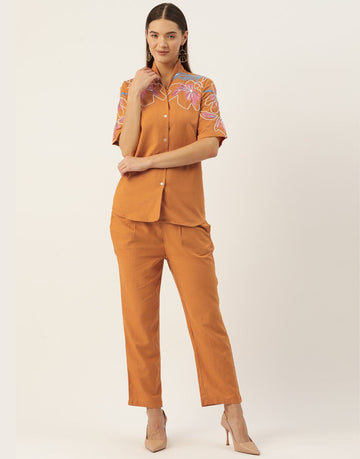 Women's Mustard rayon Fabric Embroidered Shirt with Pants