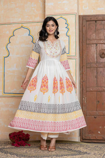 Women's Cotton Fabric Ethnic Printed Anarkali Kurta with Pants & Dupatta