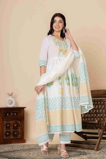 Women's Cotton Fabric Anarkali Suit Set / Ethnic Printed Anarkali Kurta with Pants & Dupatta