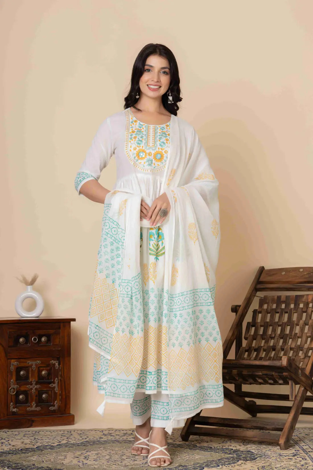 Women's Cotton Fabric Anarkali Suit Set / Ethnic Printed Anarkali Kurta with Pants & Dupatta