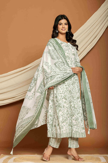 Women's Cotton Fabric Suit Set | Ethnic Printed Flared Kurta with Pants & Dupatta