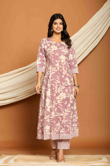 Women's Purple Cotton Fabric Suit Set | Ethnic Printed Flared Kurta with Pants & Dupatta