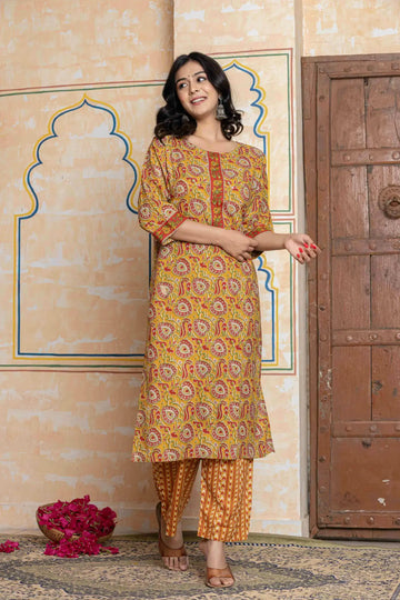 Women's Mustard Cotton Fabric Printed Kurta Set