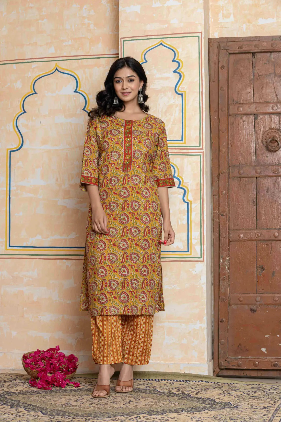 Women's Mustard Cotton Fabric Printed Kurta Set