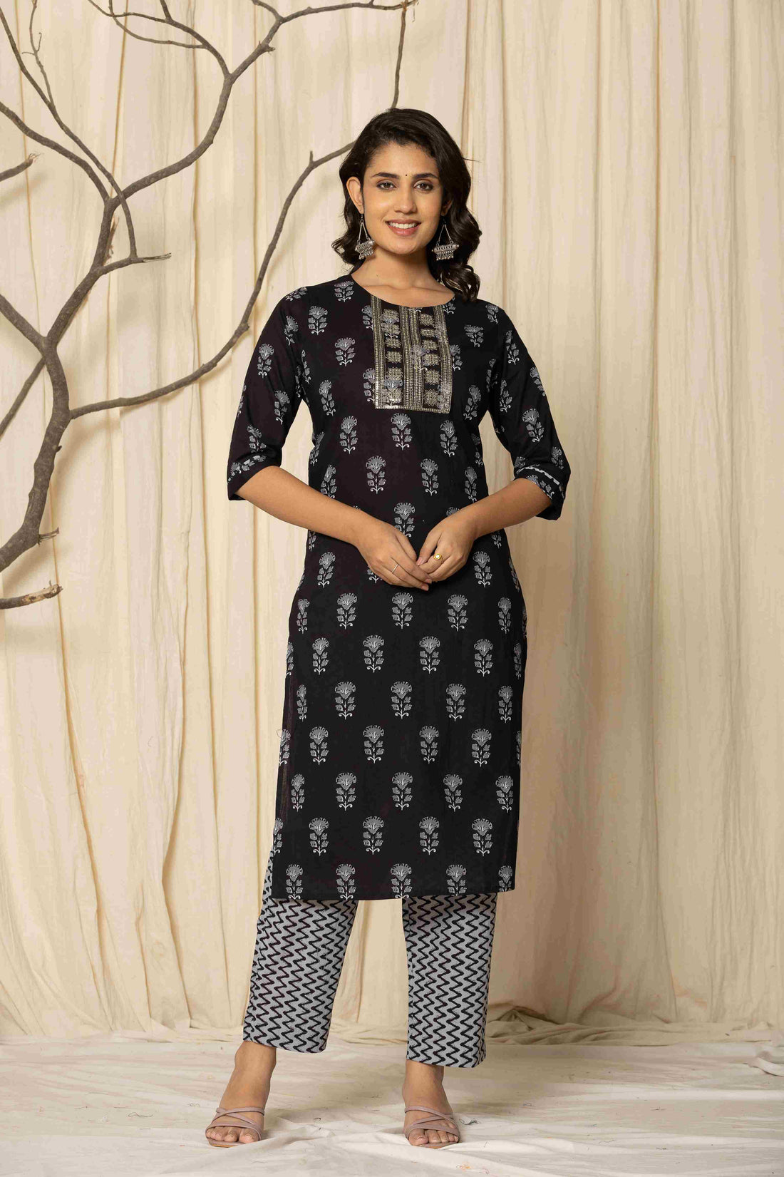 Women's Cotton Fabric Suit Set | Ethnic Printed Straight Kurta with Pants & Dupatta