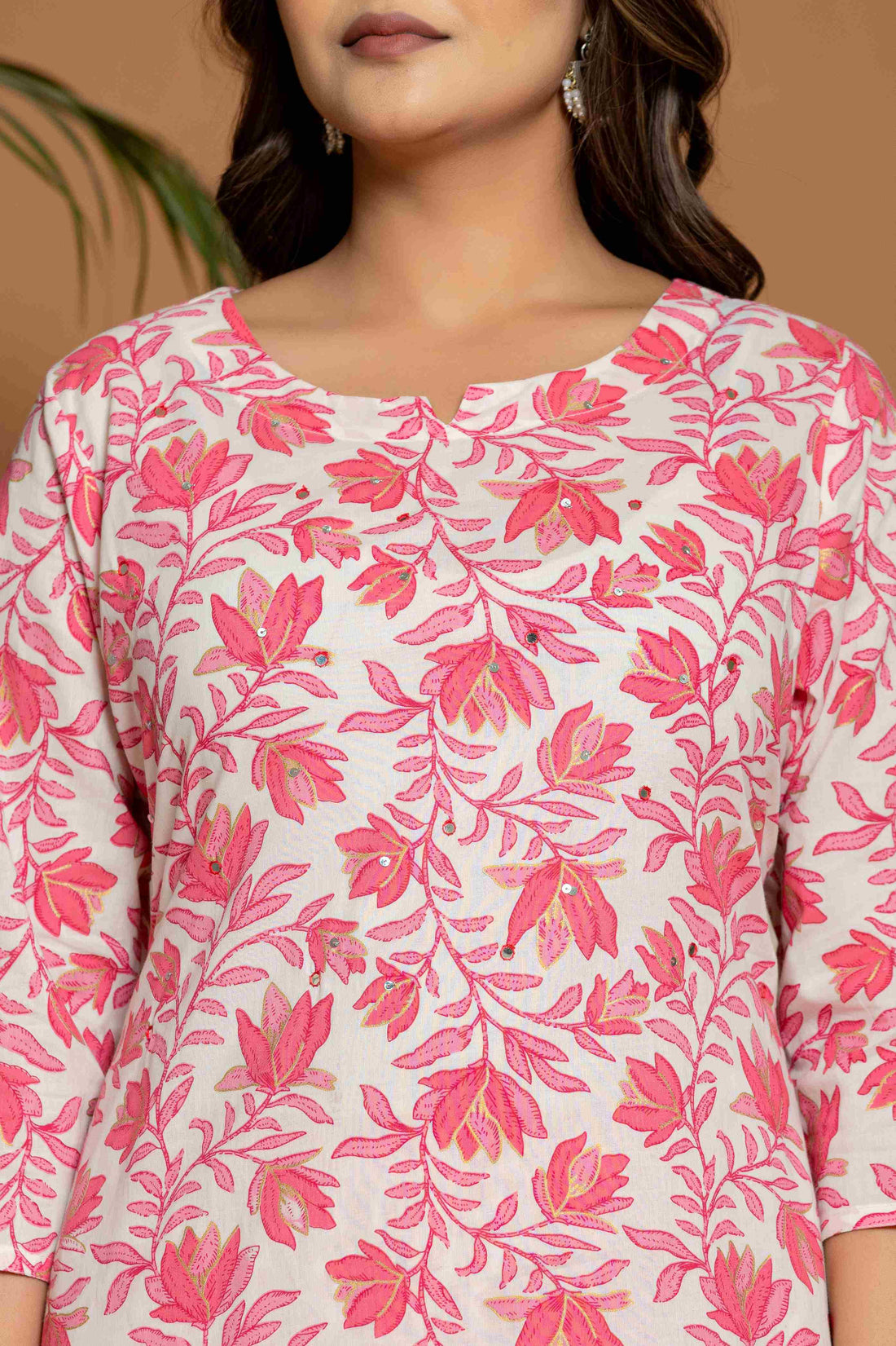 Women's Pink Cotton Fabric Suit Set | Ethnic Printed Straight Kurta with Pants & Dupatta