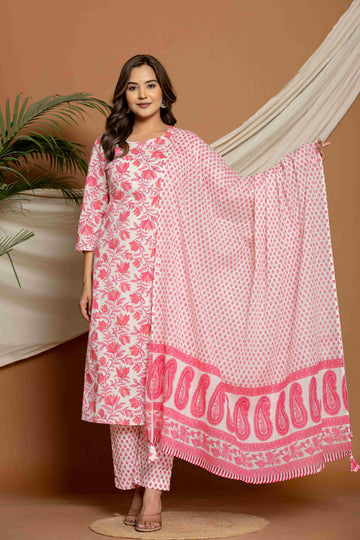 Women's Pink Cotton Fabric Suit Set | Ethnic Printed Straight Kurta with Pants & Dupatta