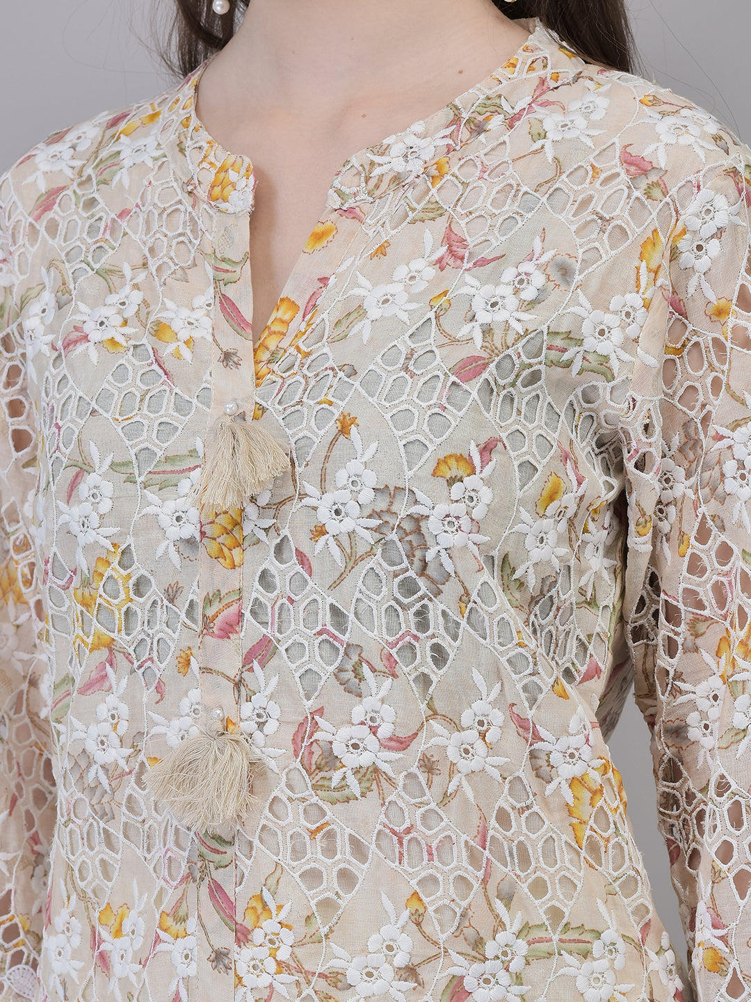 Women's Cream Cotton Mulmul Fabric Thread Embroidery Co-ord Set