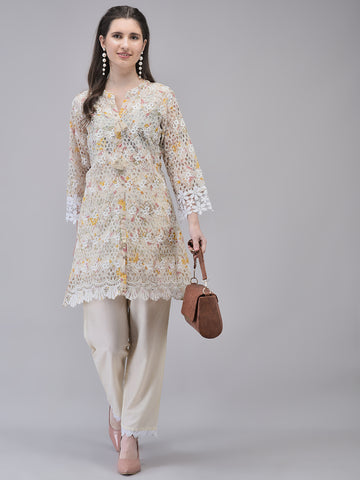 Women's Cream Cotton Mulmul Fabric Thread Embroidery Co-ord Set