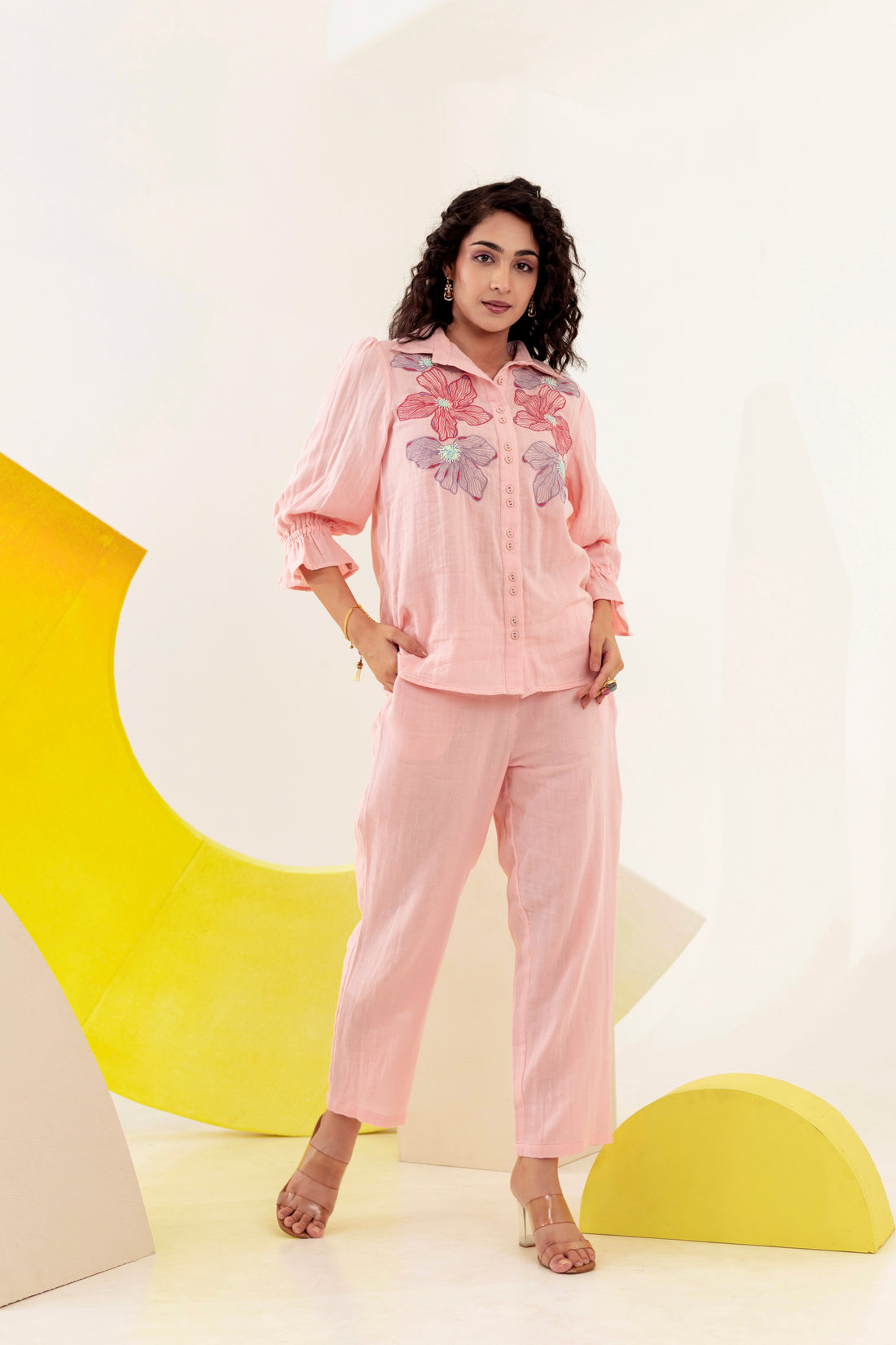 Women's Peach Cotton Fabric Embroidered Co-ord Set