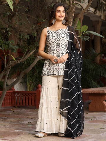 Women's White Cotton Fabric Embroidered Sharara Suit Set / Ethnic Short Kurta with Sharara & Printed Dupatta