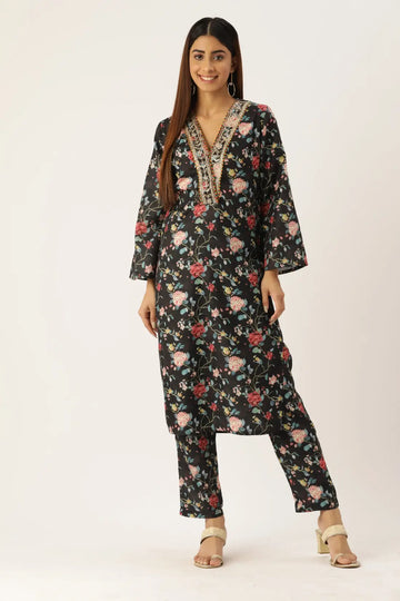 Women's Black Cotton Fabric Floral Printed Ethnic Kurta With Pants