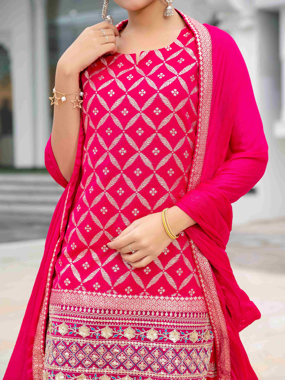 Women's Chanderi Muslin Embroidered Suit Set I Ethnic Straight Kurta with Gharara & Dupatta