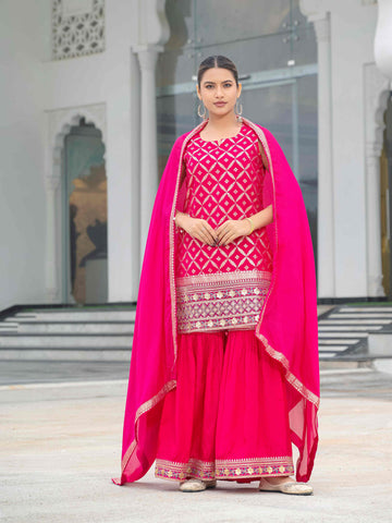 Women's Chanderi Muslin Embroidered Suit Set I Ethnic Straight Kurta with Gharara & Dupatta