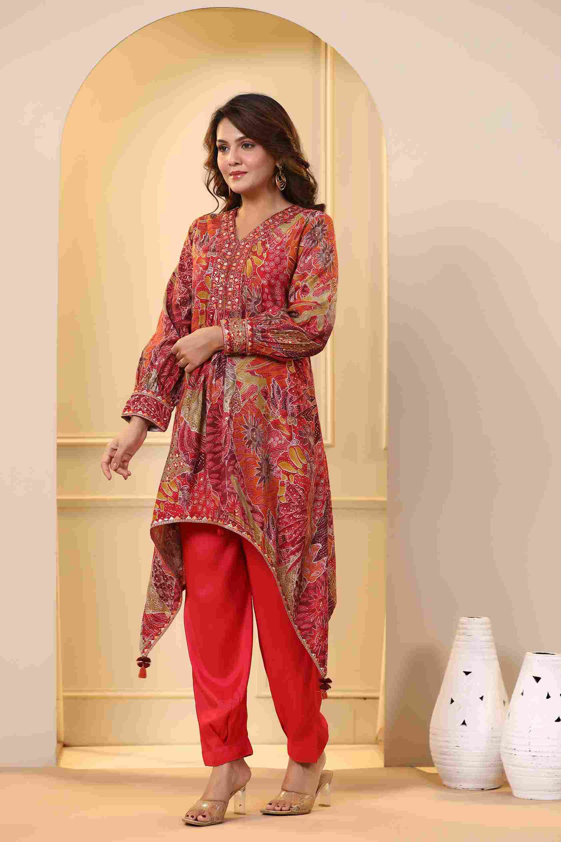 Women's Crimson Red Modal Fabric Asymmetrical Hemline Kurta with Pants