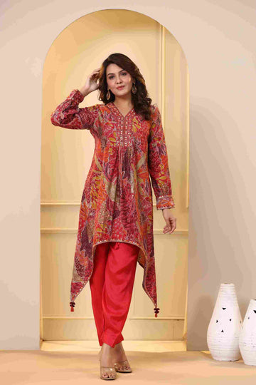 Women's Crimson Red Modal Fabric Asymmetrical Hemline Kurta with Pants