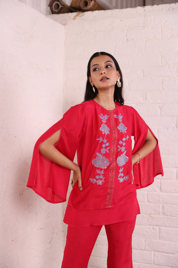 Women's Red Santoon Fabric Tunic top with Split Sleeves and Pants